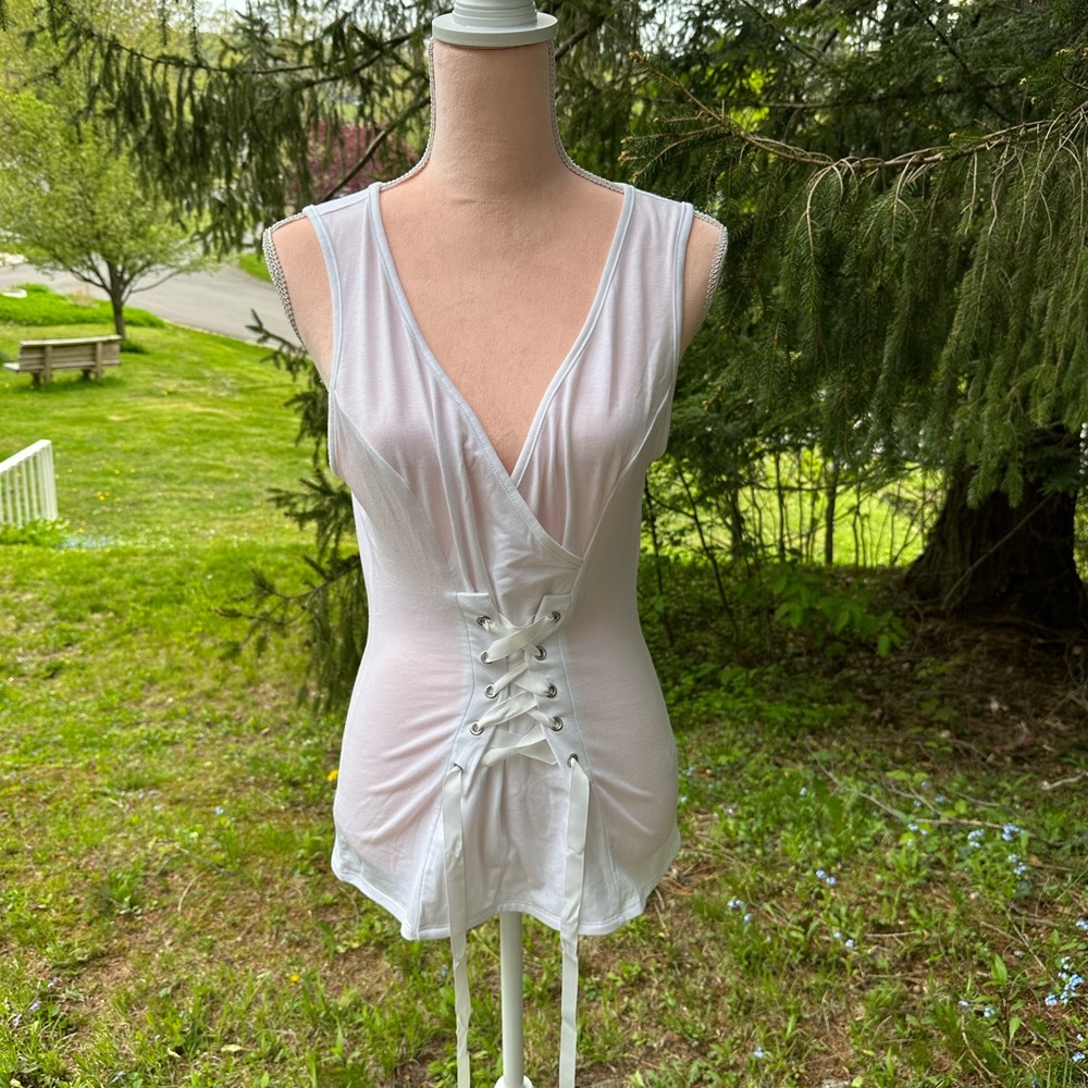 White Sleeveless Lace Up Top